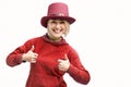 Smiling woman. Beautifu youngl woman wearing red hat and in a red sweatshirt Royalty Free Stock Photo