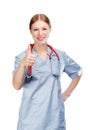 Smiling woman in blue doctor's smock with red stethoscope