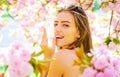 Smiling Woman with bottle of micellar water. Nature herbal cosmetics. Cleansing water. Face tonic. Royalty Free Stock Photo