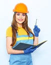 Smiling woman builder worker portrait.