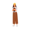 Smiling woman building engineer or architect designer vector flat illustration. Happy female in hard hat holding tablet