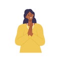 Smiling woman character crying from happiness feeling gratefulness holding hands in pray position