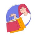 Smiling Woman Character Looking Out of Shape with Shopping Bags Vector Illustration