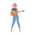 Smiling Woman Character Musician Performing Music Playing Guitar Vector Illustration