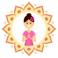 Smiling woman character with welcome gesture of hands. Namaste mudra