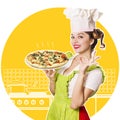 Smiling woman chef cooks pizza Royalty Free Stock Photo