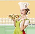 Smiling woman chef holding pizza in the Kitchen collage Royalty Free Stock Photo