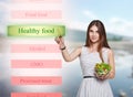 Smiling woman choose healthy food on futuristic screen Royalty Free Stock Photo