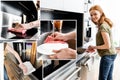 Of smiling woman cleaning worktop and Royalty Free Stock Photo