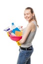 Smiling woman with cleansers and wipes isolated