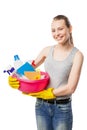 Smiling woman with cleansers and wipes isolated