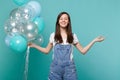 Smiling woman with closed eyes, hold hands in yoga gesture, relaxing meditating, holding colorful air balloons isolated Royalty Free Stock Photo