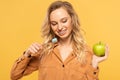 Smiling woman with dental braces holding Royalty Free Stock Photo