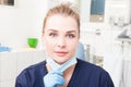 Smiling woman dentist in close-up holding dental mask