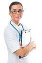 Smiling woman doctor with clipboard
