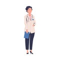 Smiling Woman Doctor or Physician Character in Uniform Standing with Clipboard and Stethoscope Vector Illustration Royalty Free Stock Photo