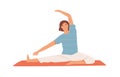 Smiling woman doing stretching exercise on mat vector flat illustration. Happy female performing pilates or yoga Royalty Free Stock Photo