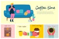 Smiling woman drinking coffee. Coffee time, break and relaxation vector concept cards. Vector illustration in flat Royalty Free Stock Photo