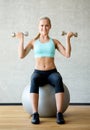 Smiling woman with dumbbells and exercise ball Royalty Free Stock Photo