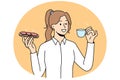 Smiling woman eating sandwich drinking coffee