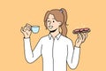 Smiling woman eating sandwich drinking coffee