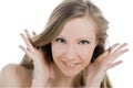 Smiling woman face with hand her hear Royalty Free Stock Photo