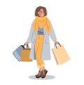 Smiling woman in fashionable clothes with shopping bags. Seasonal sale. Cute vector illustration drawing in flat style. Happy