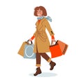 Smiling woman in fashionable clothes with shopping bags. Seasonal sale. Cute vector illustration drawing in flat style. Happy