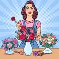 Smiling Woman Florist Making Bunch of Flowers. Pop Art illustration Royalty Free Stock Photo