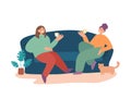Smiling woman friends drinking tea at home vector flat illustration. Happy female laughing and gossiping sit on