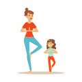 Smiling woman and girl doing yoga in a vrksasana position, mom and daughter having good time together colorful