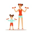 Smiling woman and girl exercising with dumbells, mom and daughter having good time together colorful characters vector