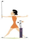 Smiling woman with golf clubs on the golf course illustration