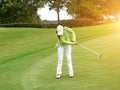 Smiling woman golf player putting successfully ball on green Royalty Free Stock Photo