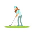 Smiling woman golfer in a light blue shirt and cap hitting the ball vector Illustration