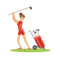 Smiling woman golfer in red uniform with golf equipment vector Illustration