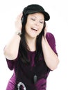 Smiling woman with headphones listening music Royalty Free Stock Photo