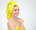 Smiling woman with healthy teeth holding toothy brush. Royalty Free Stock Photo