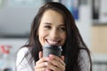 Smiling woman hold black paper moog with Royalty Free Stock Photo