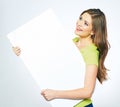 Smiling woman holding blank business sign board. Royalty Free Stock Photo