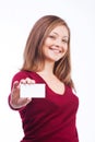 Smiling woman holding blank card Royalty Free Stock Photo