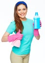 Smiling woman holding bottle of chemistry for cleaning house sh Royalty Free Stock Photo