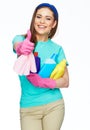 Smiling woman holding bottle of chemistry for cleaning house sh Royalty Free Stock Photo