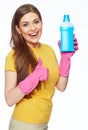 Smiling woman holding bottle of chemistry for cleaning house sho Royalty Free Stock Photo