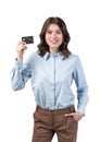 Smiling woman holding credit card, isolated Royalty Free Stock Photo