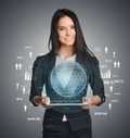 Smiling Woman holding digital network over tablet Royalty Free Stock Photo