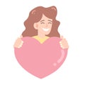 Smiling woman holding a heart. Girl gives a heart. Vector