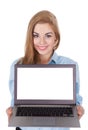 Smiling woman holding laptop Royalty Free Stock Photo