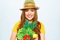 Smiling woman holding paper bag with green vegan food Royalty Free Stock Photo