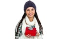 Smiling woman holding red gift box Royalty Free Stock Photo